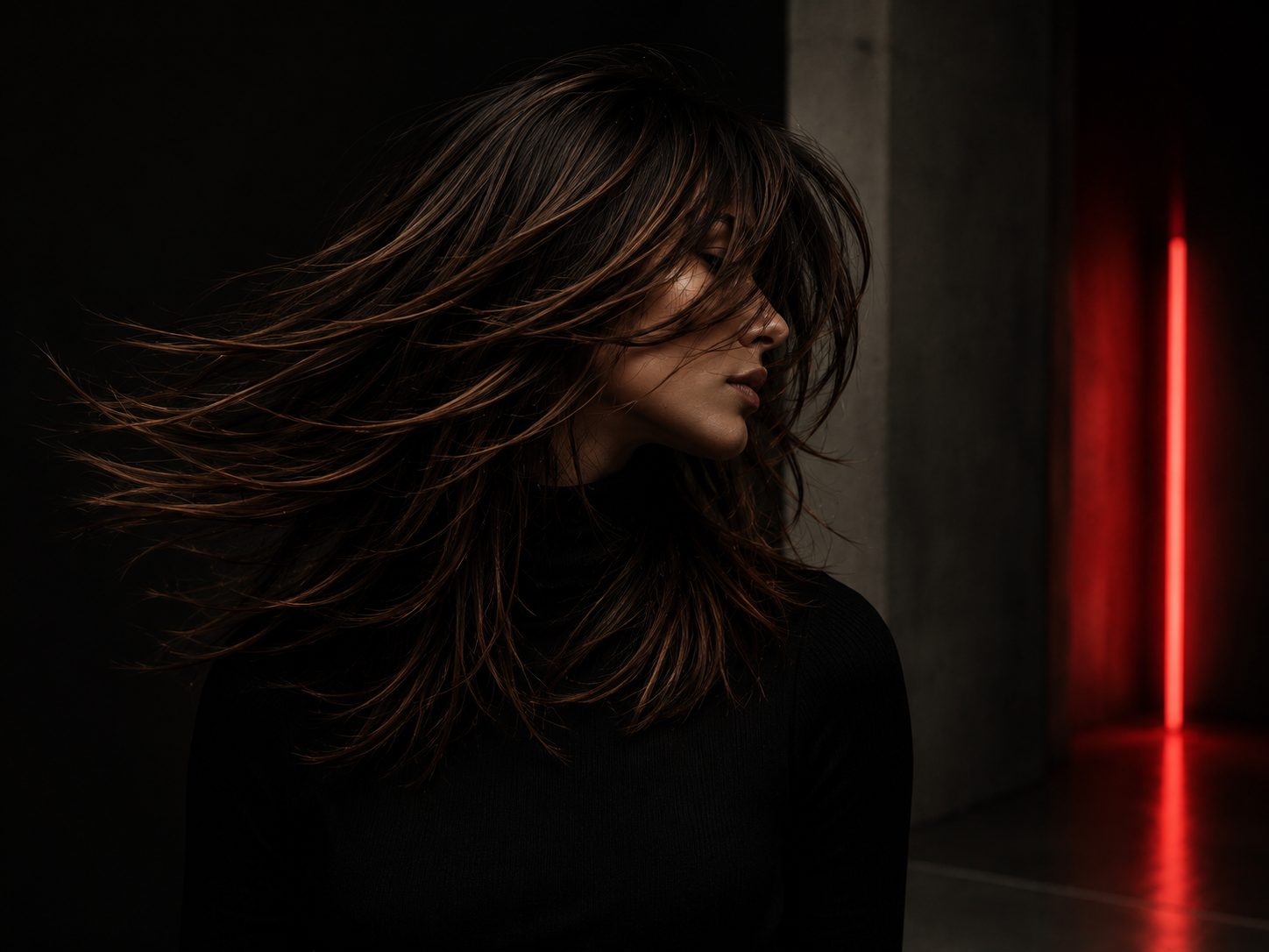 Atmosphärisches Portrait einer Frau mit bewegtem Haar und rotem Lichtakzent im modernen Salon von Schabbach & Weber in München Schwabing.
